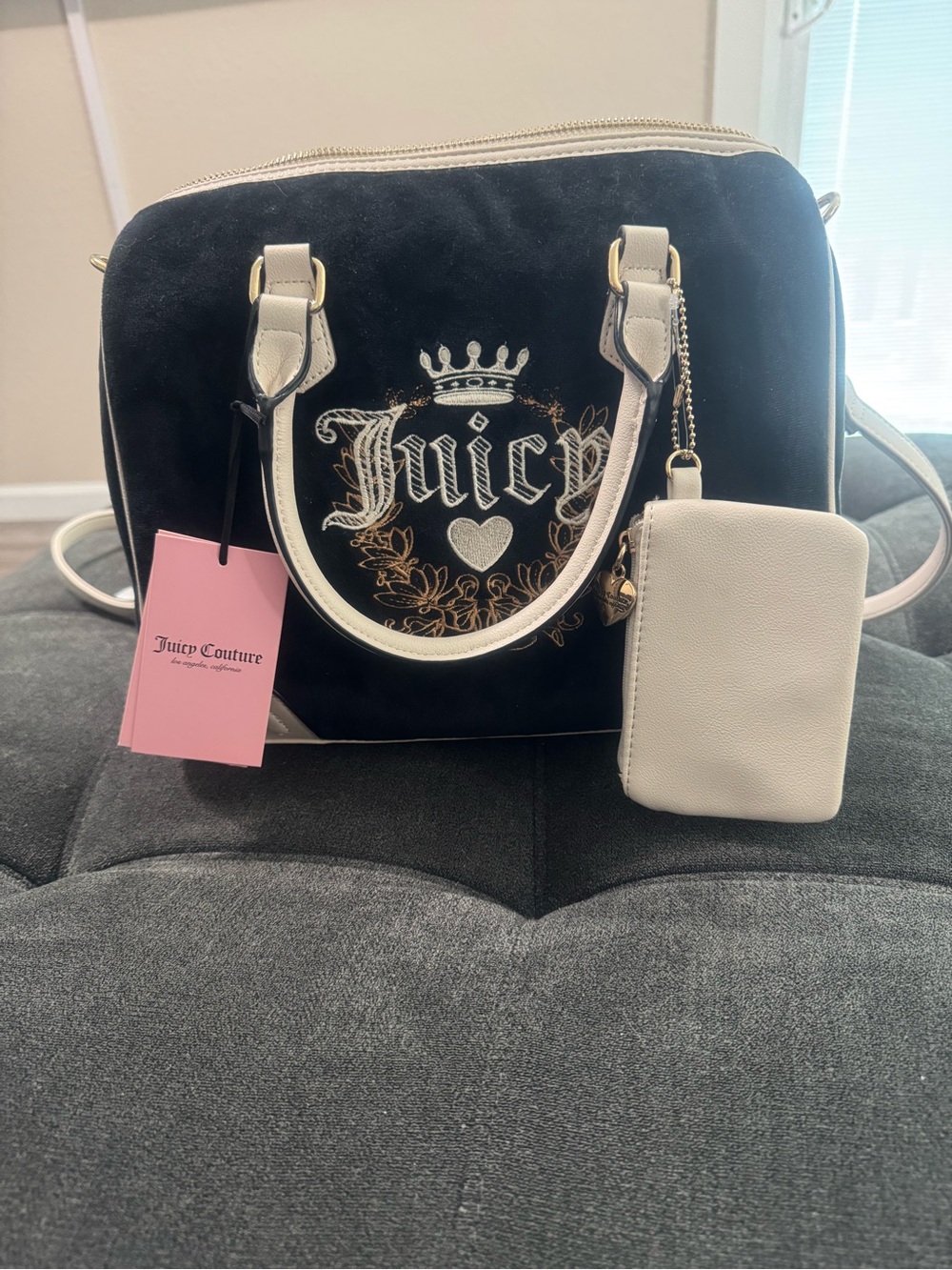 NWT Juicy Couture Black Velvet Satchel with Cream Trim and Pouch